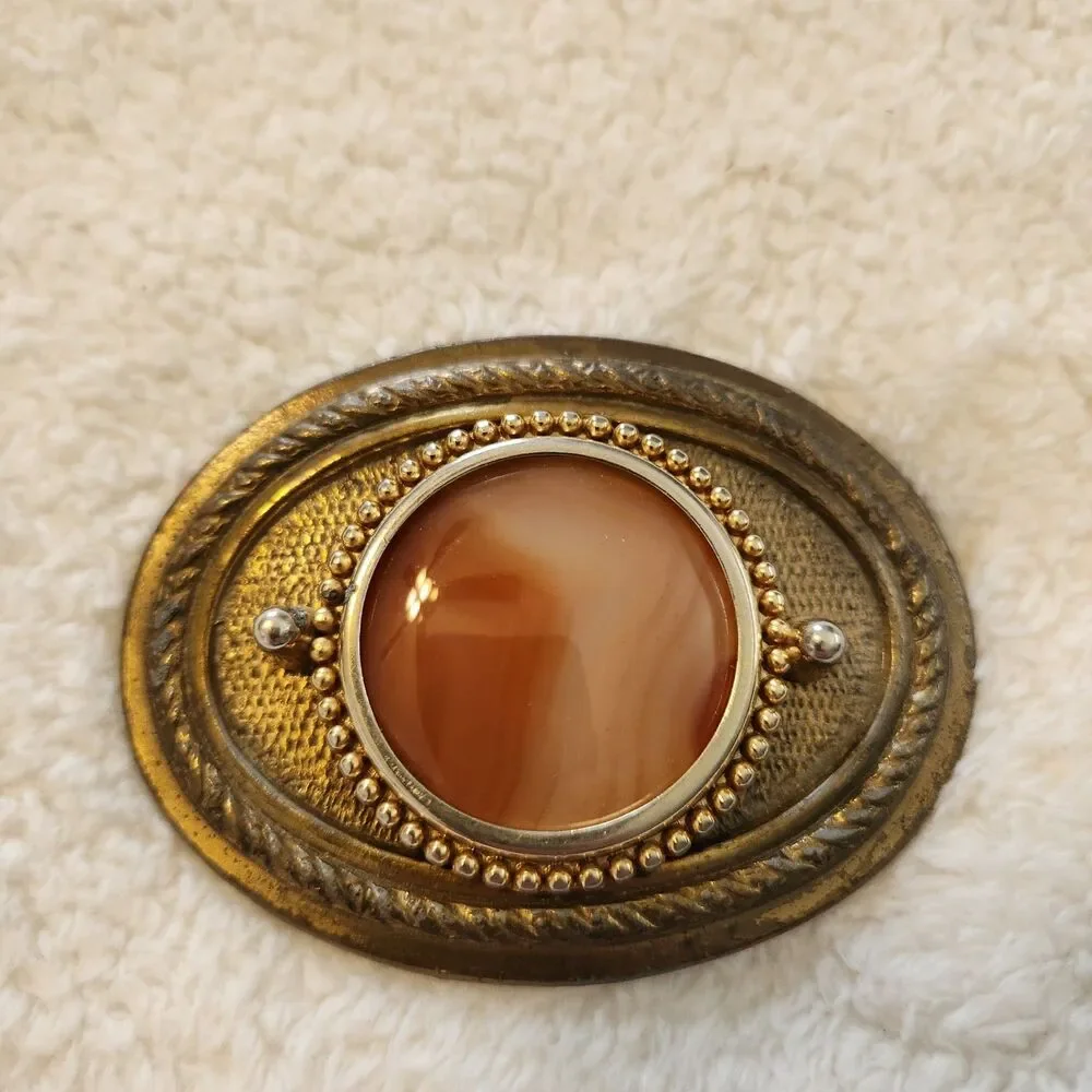 Vintage Western Belt Buckle Bronze Brass Tone Pink Faux Swirled Stone Cowboy